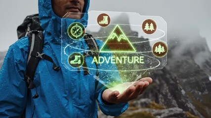 Man Holding Augmented Reality Adventure Interface While Hiking Outdoors - Powered by Adobe