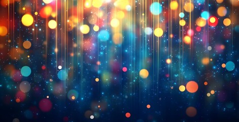 Abstract background of vibrant colorful bokeh lights and glowing particles creating a magical festive atmosphere with vertical light streaks