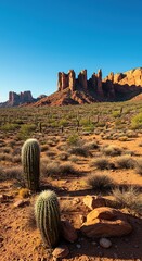 Vast arid landscape featuring striking red rock formations under a bright blue sky. Iconic saguaro cacti dot the expansive, sun-drenched desert ,rock ,tranquil ,wilderness