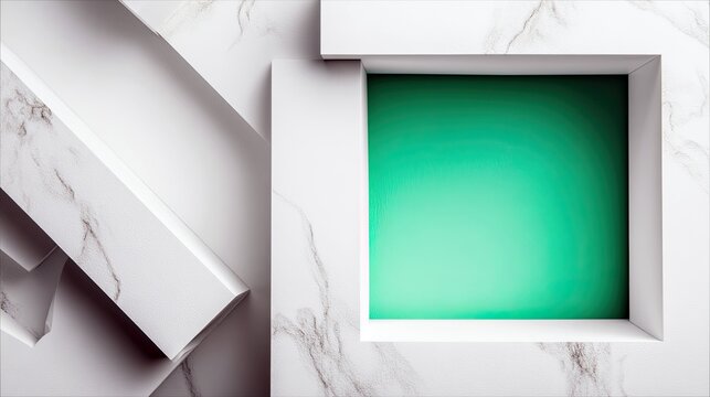 An abstract composition featuring white geometric shapes with a marble texture, and a green square. - Powered by Adobe