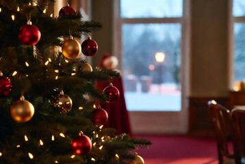 A festively decorated Christmas tree creates a warm and cozy atmosphere next to a blazing fireplace.