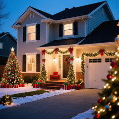 Christmas festive decoration of a private house in a small town.