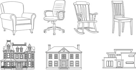 Black-and-white line drawings of chairs and houses including armchair, office chair, rocking chair, dining chair, and architecture styles