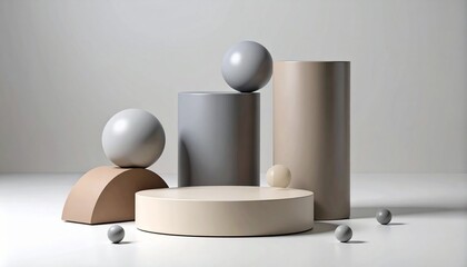 Neutral-toned geometric shapes with spheres and arches in soft natural light