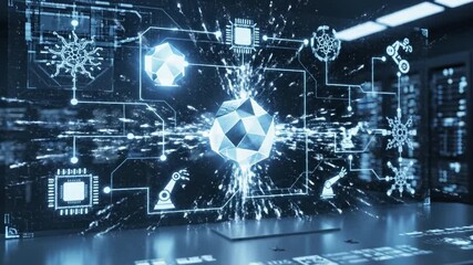 Digital technology and industrial automation concept featuring futuristic hologram interface with robotic arm, blue network data visualization, and smart factory innovation gears - Powered by Adobe