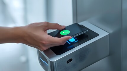 Hand using smartphone for secure digital access control on modern entry gate system, showcasing smart technology, authentication, and contactless innovation