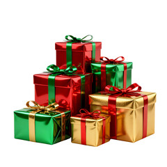Fototapeta premium Red Christmas gift boxes with gold ribbon and bow decoration for a holiday celebration or surprise present.