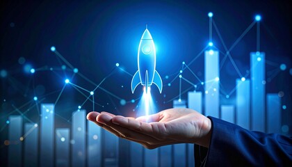 Glowing rocket launching from business hand with data bars and tech background