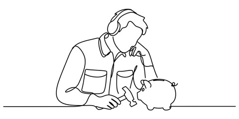 Continuous line drawing of a person with a hammer and piggy bank, symbolizing financial decisions, savings, and breaking open funds Vector, illustration