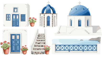 Obraz premium Watercolor collection of iconic Greek architecture from Santorini, including white buildings, blue domes, and flowers.