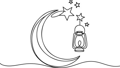One line crescent moon stars and lantern Ramadan vector design.