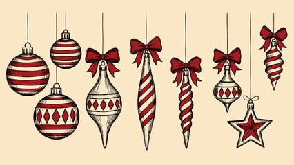 Vintage-style collection of hand-drawn Christmas tree ornaments with red stripes, bows, and patterns, in a festive holiday sketch illustration.