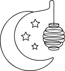 Line art crescent moon with stars and lantern Ramadan design.