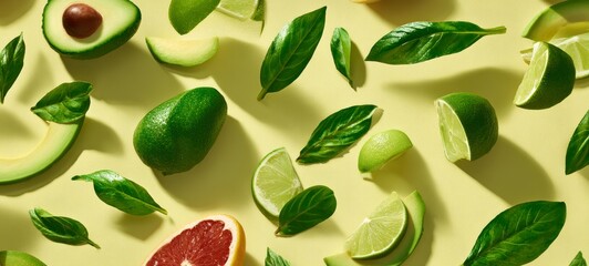 Modern food photography with artistic arrangement of fresh greens, avocado slices, and citrus segments, soft directional daylight, dynamic diagonal composition, balanced colors, premium editorial styl
