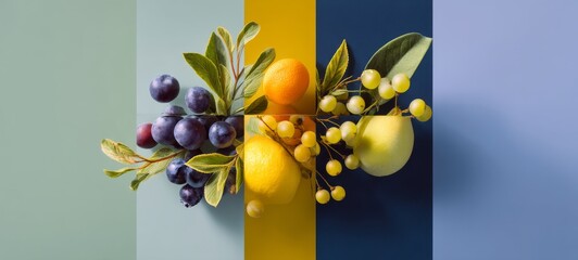 Modern editorial food photo with tri-color arrangement of berries, citrus, and leafy greens, clean graphic layout with creative negative space, premium soft studio light, stylish minimal props