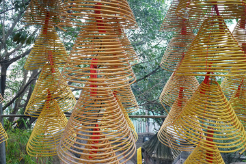 Spiral incense burners hanging in Chinese temple