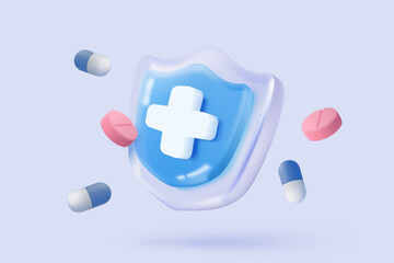 Obraz premium 3d pharmacy drug for health pharmaceutical on purple background. Cartoon minimal of first aid and health care. Medical symbol of emergency help. 3d aid medicine icon vector render illustration