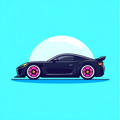 Sleek black car with custom matte finish, pink wheels, sporty style, modern, isolated, vibrant
