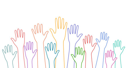 Multicolor line diverse hands raised up. Hand volunteer concept.