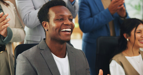 Business, man and applause with smile in seminar for good news, presentation success and celebration. Happy, staff and clapping hands for well done, team motivation and meeting of company achievement