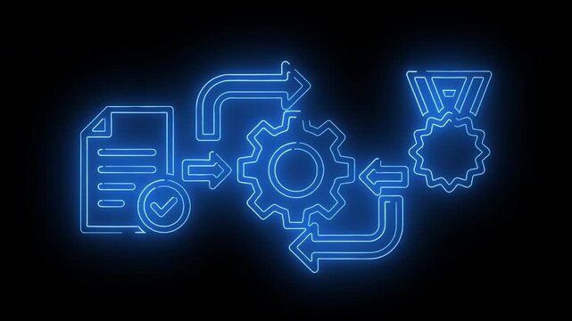 Neon gear-based process automation with circular loops, arrows, and system optimization flow in glowing blue outline