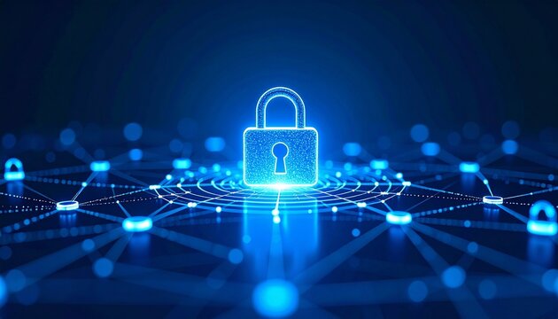 Glowing padlock icon in digital network on dark blue background symbolizing cybersecurity - Powered by Adobe
