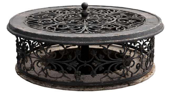 A small, decorative well cover made of wrought iron, protecting a water source in a village square, isolated on a Transparent background