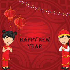 Happy Chinese New Year Greeting Card with Cute Boy and Girl
