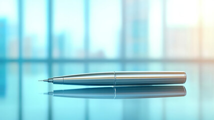 Sleek digital pen polished metal surface modern office background reflection minimal style