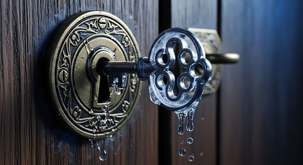 Ornate antique key inserted into a vintage wooden door lock with dripping water