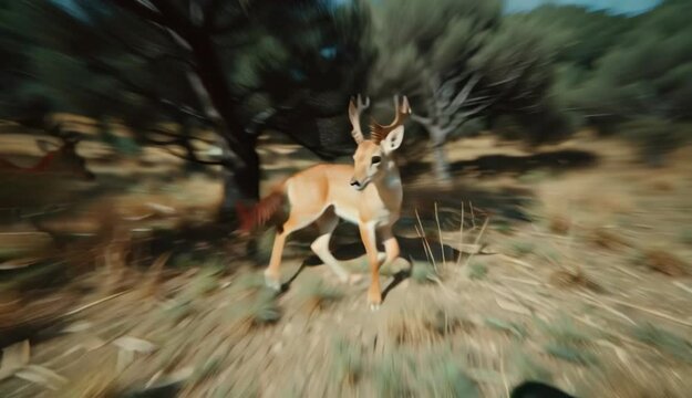Dynamic motion blur photograph of a wild steenbok antelope sprinting with incredible speed through the sun-drenched African savannah