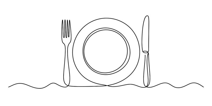 Continuous line drawing of a dinner table setting with a plate, fork, and knife, minimalist design, ready for a meal, elegant simple dining utensil artwork. Vector, illustration