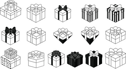 Isometric gift box icon set with diverse ribbon styles, patterns, and shapes in black and white festive design