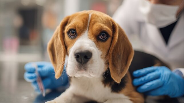Young veterinarian wearing gloves and examining sick beagle dog in clinic.