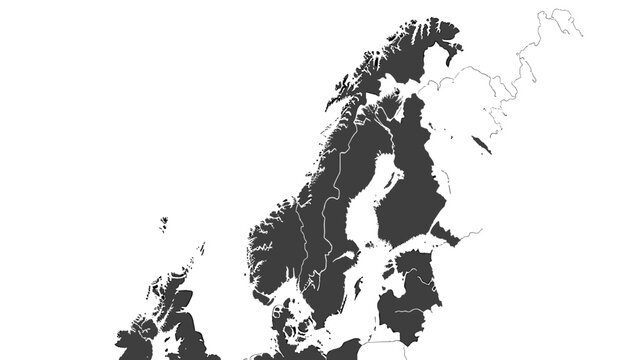 Dark grey silhouette map of the Scandinavian and Nordic countries, including surrounding regions, on a white background.