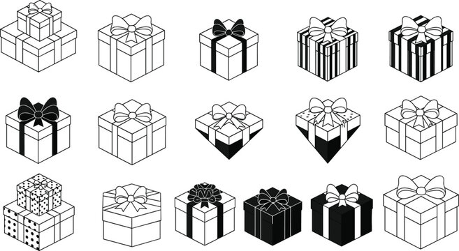 Isometric gift box icon set with diverse ribbon styles, patterns, and shapes in black and white festive design