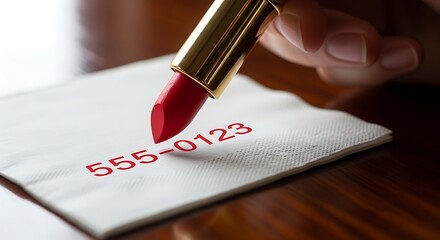 Creative application of red lipstick to write a phone number on a white surface