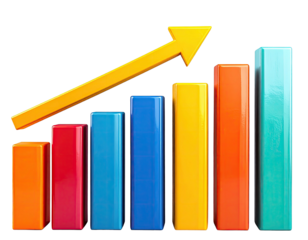 Rising colorful bar graph with an upward yellow arrow