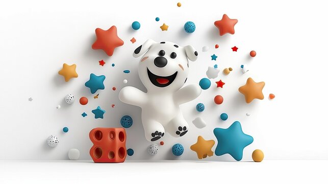 A cheerful cartoon Dalmatian dog with a big smile, surrounded by colorful stars and spheres against a clean white backdrop.