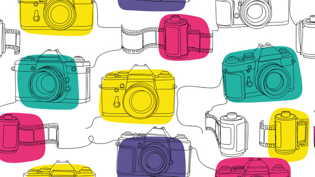 Seamless pattern of vintage cameras and film rolls drawn in a continuous line art style with colorful accents.