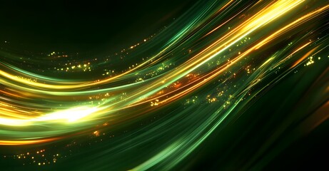 Abstract streaks of vibrant golden yellow and electric green light trails flowing dynamically across a dark background with subtle bokeh highlights