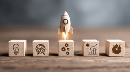 Rocket launching from wood cube with business icon, Start-up, Creativity, Big idea, Business goals management, Investment on new project to wealth, Company strategy target, Sustainable financial plan