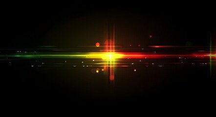 Abstract explosion of vibrant yellow orange and red light streaks with green accents against a deep black background creating a dynamic energetic cosmic burst