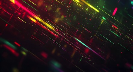 Abstract streaks of vibrant red yellow and green light blur across a dark background creating a dynamic and energetic visual effect with sparkling particles