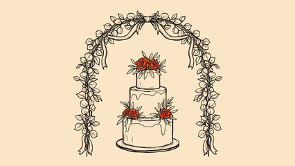 Vintage hand-drawn illustration of a beautiful three-tiered wedding cake with roses, framed by a romantic floral arch.