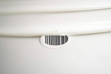 An abstract image featuring a white surface with a barcode, minimalist design, and studio lighting. The image has a clean and modern aesthetic.
