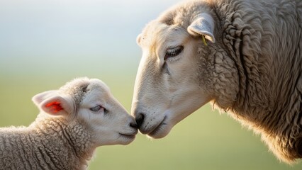 Obraz premium Mother sheep and baby lamb touching noses, heartwarming moment, isolated background
