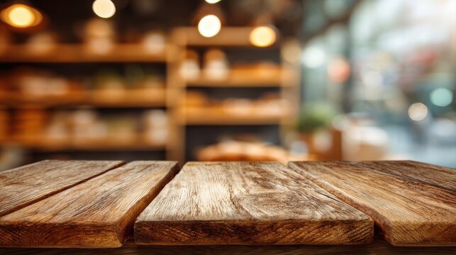 Wooden board empty table background. abstract blurred bakery shop background