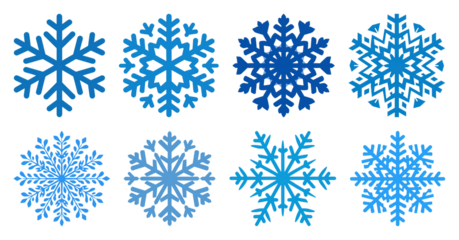 PNG Eight intricate blue snowflakes, element set on transparent background