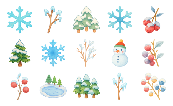 PNG Winter-themed icons collection, element set on transparent background